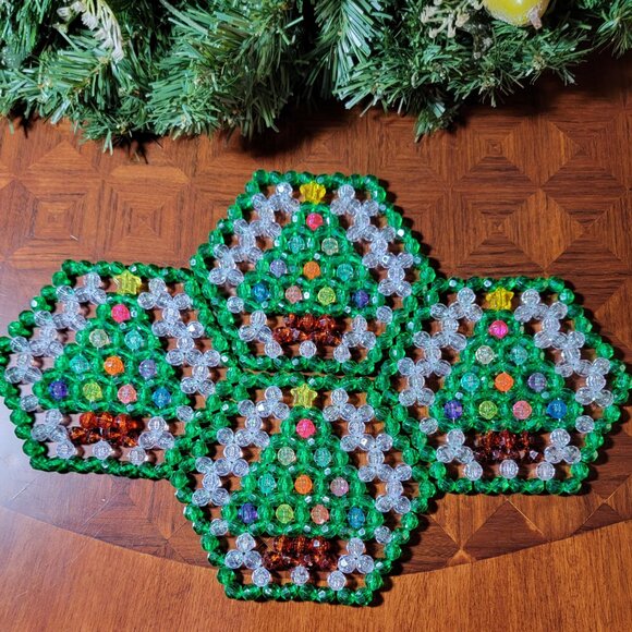 Vintage Beaded Christmas Tree Coasters - Picture 2 of 4